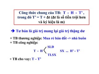 Công thức chung của TB: T - H - T’ ,
trong đó T’ = T + ∆t (∆t là số tiền trội hơn
và ký kiệu là m)
 Tư bản là giá trị mang lại giá trị thặng dư
+ TB thương nghiệp: Mua rẻ bán đắt -> nhà buôn
+ TB công nghiệp:
SLĐ
T - H SX ... H’ – T’
TLSX
+ TB cho vay: T – T’
 