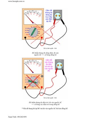 www.hocnghe.com.vn




                            Để nhầm thang đo dòng điện, đo vào
                              nguồn AC => sẽ hỏng đồng hồ




                         Để nhầm thang đo điện trở, đo vào nguồn AC
                            => sẽ hỏng các điện trở trong đồng hồ

                * Nếu để thang đo áp DC mà đo vào nguồn AC thì kim đồng hồ



Xuan Vinh : 0912421959
 