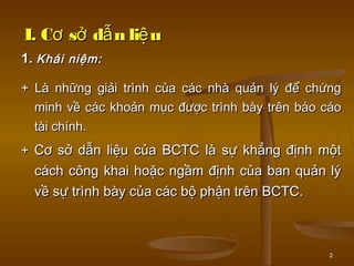 2
+ Là những giải trình của các nhà quản lý để chứng+ Là những giải trình của các nhà quản lý để chứng
minh về các khoản mục được trình bày trên báo cáominh về các khoản mục được trình bày trên báo cáo
tài chính.tài chính.
++ Cơ sở dẫn liệu của BCTC là sự khẳng định mộtCơ sở dẫn liệu của BCTC là sự khẳng định một
cách công khai hoặc ngầm định của ban quản lýcách công khai hoặc ngầm định của ban quản lý
về sự trình bày của các bộ phận trên BCTC.về sự trình bày của các bộ phận trên BCTC.
I. C s d n li uơ ở ẫ ệI. C s d n li uơ ở ẫ ệ
1.1. Khái niệm:Khái niệm:
 