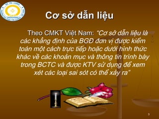 3
Cơ sở dẫn liệuCơ sở dẫn liệu
Theo CMKT Việt Nam:Theo CMKT Việt Nam: “Cơ sở dẫn liệu là
các khẳng định của BGĐ đơn vị được kiểm
toán một cách trực tiếp hoặc dưới hình thức
khác về các khoản mục và thông tin trình bày
trong BCTC và được KTV sử dụng để xem
xét các loại sai sót có thể xảy ra”
 