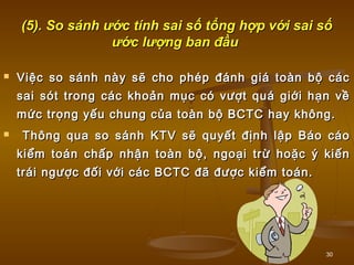 30
(5). So sánh ước tính sai số tổng hợp với sai số(5). So sánh ước tính sai số tổng hợp với sai số
ước lượng ban đầuước lượng ban đầu
 Việc so sánh này sẽ cho phép đánh giá toàn bộ cácViệc so sánh này sẽ cho phép đánh giá toàn bộ các
sai sót trong các khoản mục có vượt quá giới hạn vềsai sót trong các khoản mục có vượt quá giới hạn về
mức trọng yếu chung của toàn bộ BCTC hay không.mức trọng yếu chung của toàn bộ BCTC hay không.
 Thông qua so sánh KTV sẽ quyết định lập Báo cáoThông qua so sánh KTV sẽ quyết định lập Báo cáo
kiểm toán chấp nhận toàn bộ, ngoại trừ hoặc ý kiếnkiểm toán chấp nhận toàn bộ, ngoại trừ hoặc ý kiến
trái ngược đối với các BCTC đã được kiểm toán.trái ngược đối với các BCTC đã được kiểm toán.
 