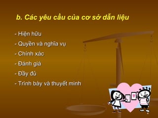 4
- Hiện hữu- Hiện hữu
- Quyền và nghĩa vụ- Quyền và nghĩa vụ
- Chính xác- Chính xác
- Đánh giá- Đánh giá
- Đầy đủ- Đầy đủ
- Trình bày và thuyết minh- Trình bày và thuyết minh
b. Các yêu cầu của cơ sở dẫn liệu
 