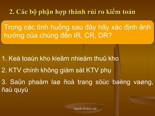 1. Keá toaùn kho kieâm nhieäm thuû kho
2. KTV chính không giám sát KTV phụ
3. Saûn phaåm laø ñoà trang söùc baèng vaøng,
ñaù quyù
Nguyễn Thi Kim Anh
Trong các tình huống sau đây hãy xác định ảnh
hưởng của chúng đến IR, CR, DR?
2. Các bộ phận hợp thành rủi ro kiểm toán2. Các bộ phận hợp thành rủi ro kiểm toán
 