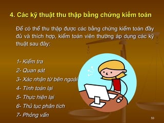 53
4. Các kỹ thuật thu thập bằng chứng kiểm toán4. Các kỹ thuật thu thập bằng chứng kiểm toán
Để có thể thu thập được các bằng chứng kiểm toán đầyĐể có thể thu thập được các bằng chứng kiểm toán đầy
đủ và thích hợp, kiểm toán viên thường áp dụng các kỹđủ và thích hợp, kiểm toán viên thường áp dụng các kỹ
thuật sau đây:thuật sau đây:
1- Kiểm tra1- Kiểm tra
2- Quan sát2- Quan sát
3- Xác nhận từ bên ngoài3- Xác nhận từ bên ngoài
4- Tính toán lại4- Tính toán lại
5- Thực hiện lại5- Thực hiện lại
6- Thủ tục phân tích6- Thủ tục phân tích
7- Phỏng vấn7- Phỏng vấn
 