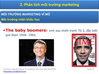Chương 3- Bài giảng Quản trị marketing- Cập nhật ngày 9/26/2014
lequangtruc.hce@gmail.com
Trang 15
2. Phân tích môi trường marketing
MÔI TRƯỜNG MARKETING VĨ MÔ
Môi trường nhân khẩu học
•The baby boomers: sinh sau chiến tranh TG 2, đặc biệt
giai đoạn 1946- 1964.
 