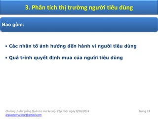 Chương 3- Bài giảng Quản trị marketing- Cập nhật ngày 9/26/2014
lequangtruc.hce@gmail.com
Trang 33
3. Phân tích thị trường người tiêu dùng
Bao gồm:
• Các nhân tố ảnh hưởng đến hành vi người tiêu dùng
• Quá trình quyết định mua của người tiêu dùng
 