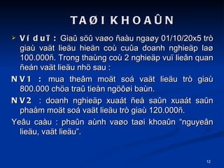 V du? :  Gia? s?? va?o ?au nga?y 01/10/20x5 tr gia va?t lie?u hie?n co cu?a doanh nghie?p la? 100.000?. Trong thang co 2 nghie?p vu? lie?n quan ?en va?t lie?u nh? sau : NV1 :  mua the?m mo?t so va?t lie?u tr gia 800.000 ch?a tra? tien ng???i ban. NV2  : doanh nghie?p xuat ?e? sa?n xuat sa?n pha?m mo?t so va?t lie?u tr gia 120.000?. Ye?u cau : pha?n anh va?o ta?i khoa?n nguye?n lie?u, va?t lie?u. TA?I KHOA?N 