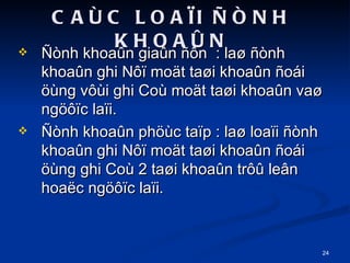 CA?C LOA?I ??NH KHOA?N ?nh khoa?n gia?n ??n  : la? ?nh khoa?n ghi N?? mo?t ta?i khoa?n ?oi ?ng v?i ghi Co mo?t ta?i khoa?n va? ng???c la?i. ?nh khoa?n ph?c ta?p : la? loa?i ?nh khoa?n ghi N?? mo?t ta?i khoa?n ?oi ?ng ghi Co 2 ta?i khoa?n tr?? le?n hoa?c ng???c la?i. 