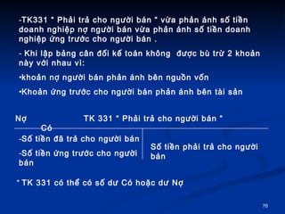 TK331  Ph?i tr? cho ng??i bn  v?a ph?n nh s? ti?n doanh nghi?p n? ng??i bn v?a ph?n nh s? ti?n doanh nghi?p ?ng tr??c cho ng??i bn . Khi l?p b?ng c?n ??i k? ton kh?ng  ???c b tr? 2 kho?n ny v?i nhau v:  kho?n n? ng??i bn ph?n nh bn ngu?n v?n  Kho?n ?ng tr??c cho ng??i bn ph?n nh bn ti s?n  N?   TK 331  Ph?i tr? cho ng??i bn     C S? ti?n ?? tr? cho ng??i bn  S? ti?n ?ng tr??c cho ng??i bn  S? ti?n ph?i tr? cho ng??i bn  *  TK 331 c th? c s? d? C ho?c d? N?  