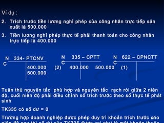 V d? :  Trch tr??c ti?n l??ng ngh? php c?a c?ng nh?n tr?c ti?p s?n xu?t l 500.000 Ti?n l??ng ngh? php th?c t? ph?i thanh ton cho c?ng nh?n tr?c ti?p l 400.000 N  334- PTCNV  C N  335 C CPTT  C N  622 C CPNCTT  C 400.000  (2)  400.000  500.000  (1)  500.000 Tu?n th? nguyn t?c  ph h?p v nguyn t?c  r?ch ri gi?a 2 nin ??, cu?i nin ?? ph?i ?i?u ch?nh s? trch tr??c theo s? th?c t? pht sinh  TK335 c s? d? = 0 Tr??ng h?p doanh nghi?p ???c php duy tr kho?n trch tr??c cho nin ?? sau th s? d? c?a TK335 ???c coi nh? l m?t kho?n thu?c ngu?n v?n  