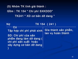 (5) Nhm TK tnh gi thnh : G?m : TK 154  Chi ph SXKDDD TK241  XD c? b?n d? dang  N?    TK 154  ( 241 )   C T?p h?p chi ph pht sinh  SD: Chi ph c?a s?n ph?m ?ang lm d? dang ( chi ph s?n xu?t  ho?c x?y d?ng c? b?n d? dang ) Ga thnh s?n ph?m, lao v? hon thnh 