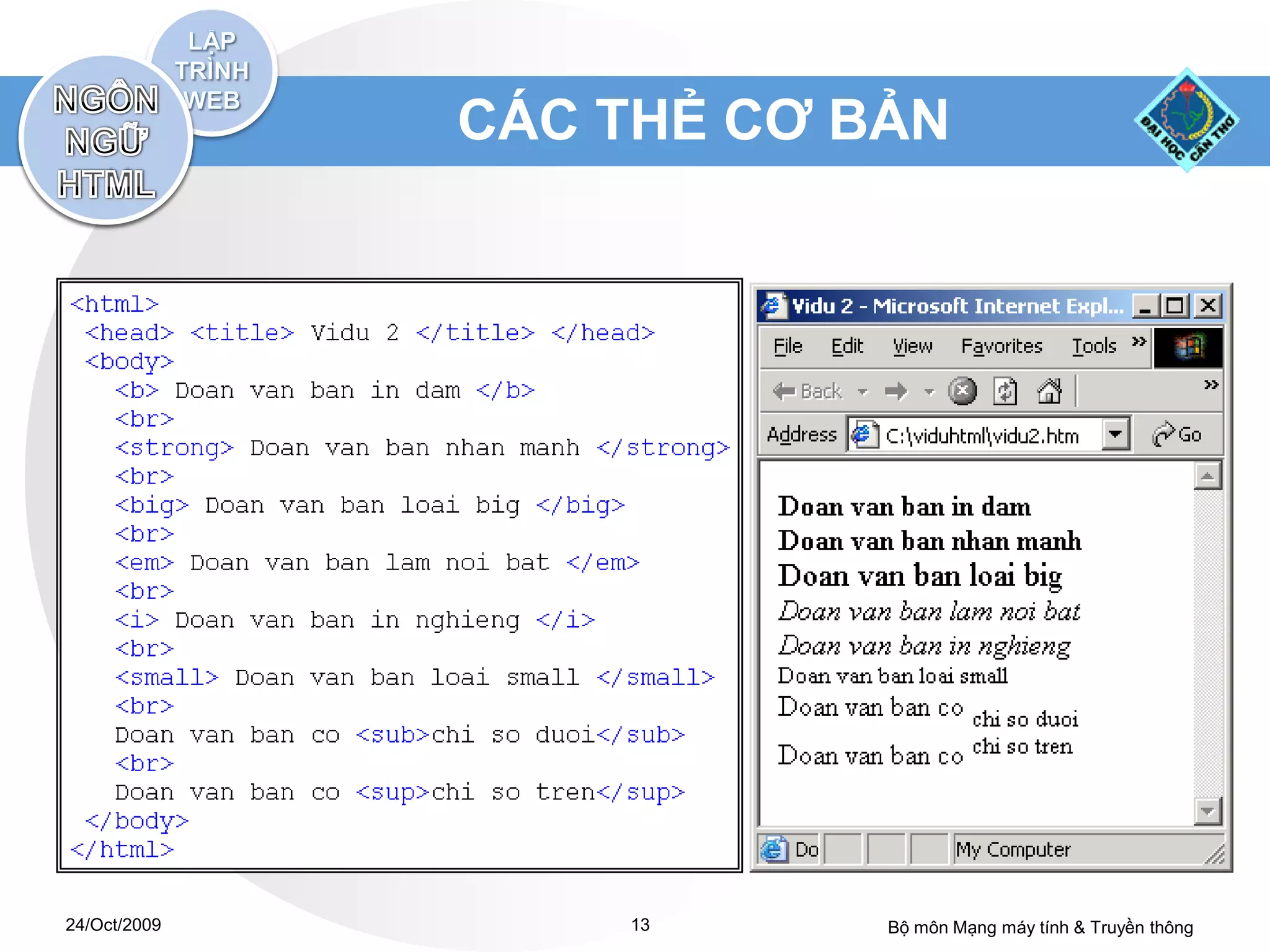 CÁC THẺ CƠ BẢN




24/Oct/2009       13      Bộ môn Mạng máy tính & Truyền thông
 