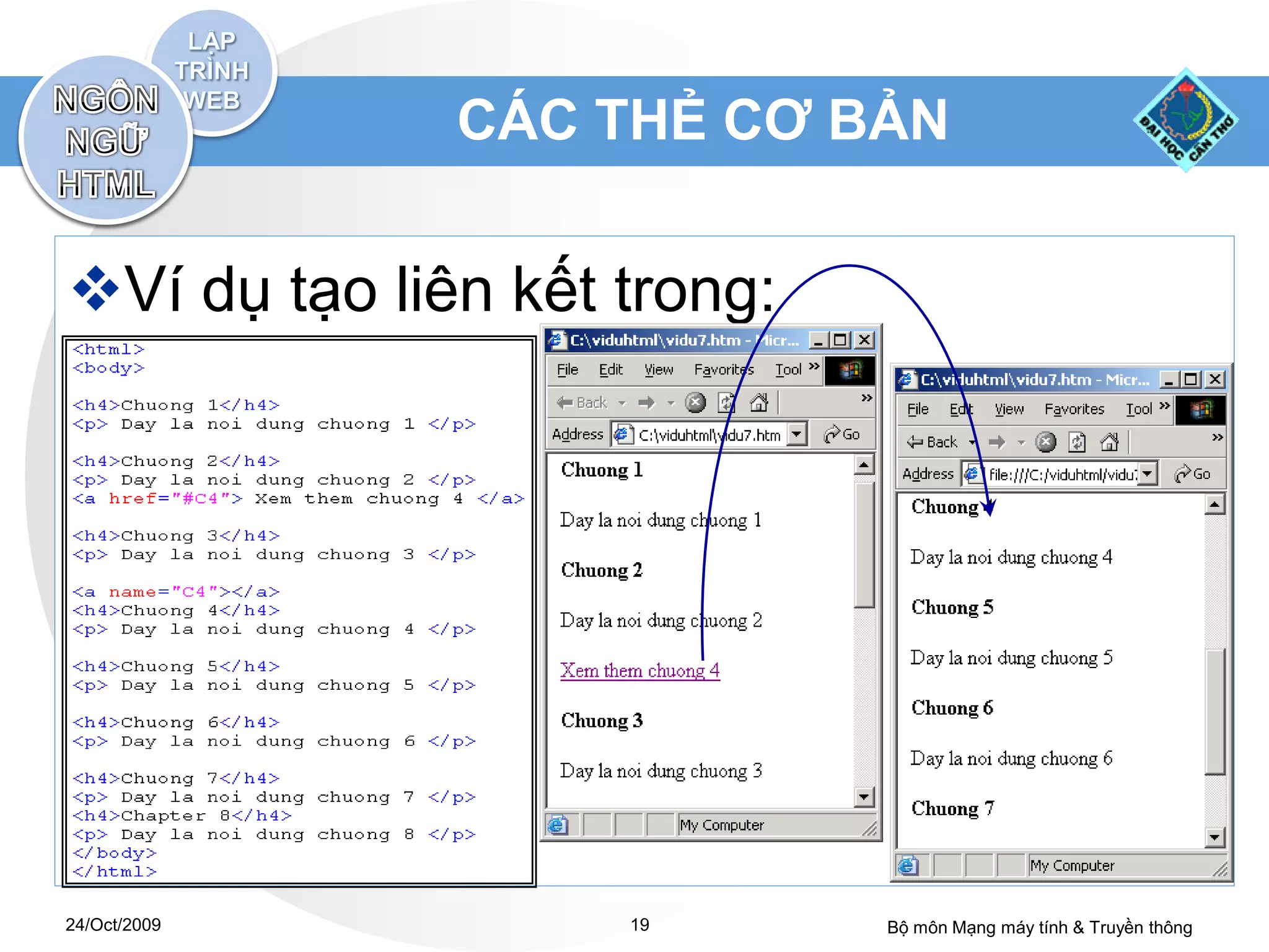 CÁC THẺ CƠ BẢN


Ví dụ tạo liên kết trong:




24/Oct/2009         19       Bộ môn Mạng máy tính & Truyền thông
 