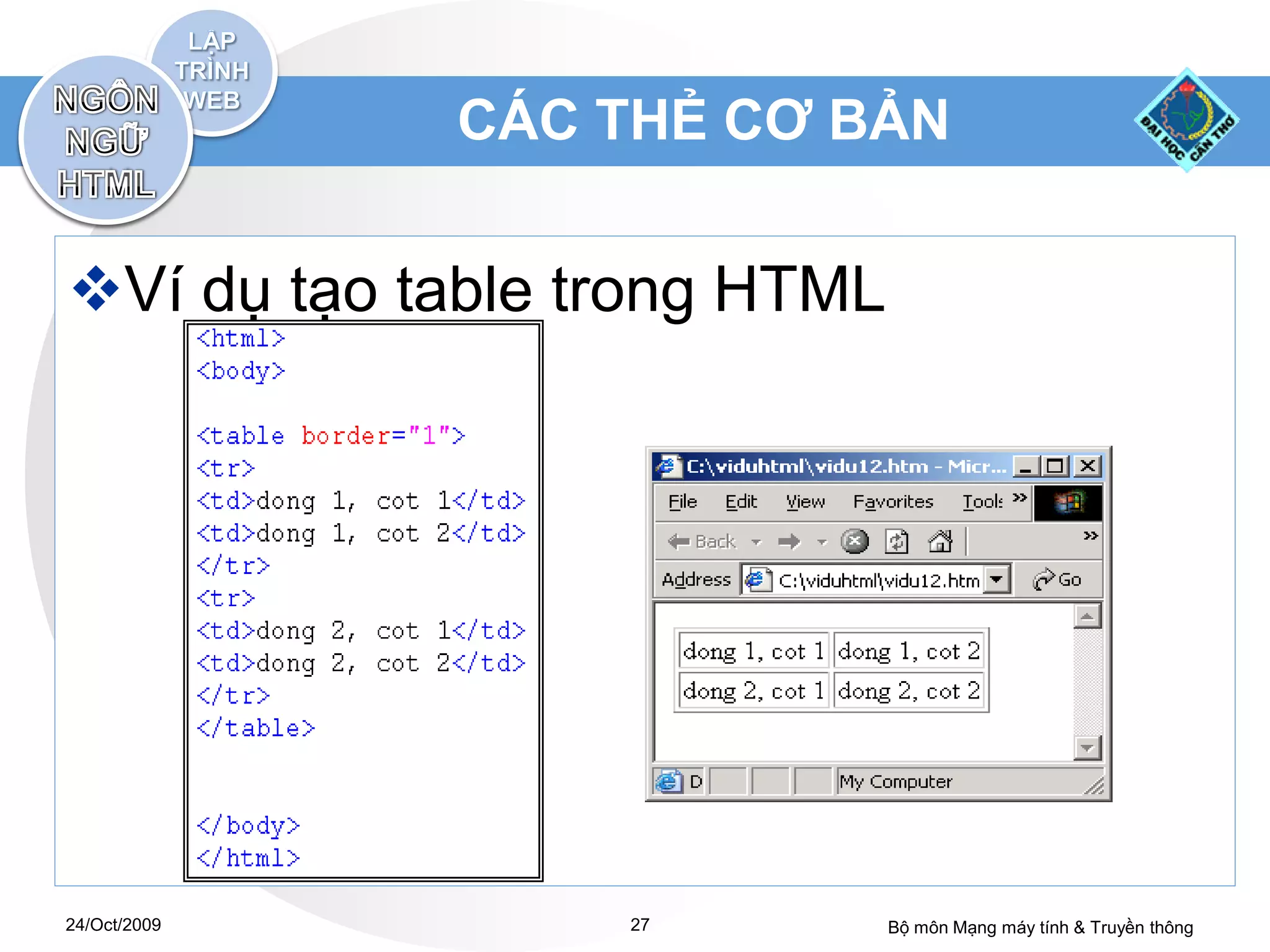 CÁC THẺ CƠ BẢN


Ví dụ tạo table trong HTML




24/Oct/2009       27          Bộ môn Mạng máy tính & Truyền thông
 
