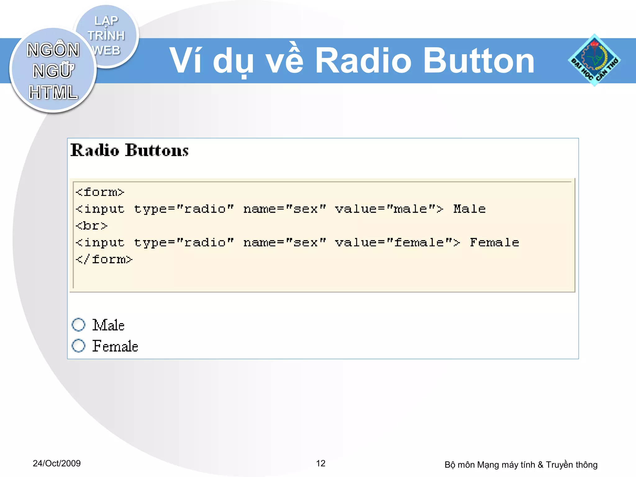Ví dụ về Radio Button




24/Oct/2009           12     Bộ môn Mạng máy tính & Truyền thông
 