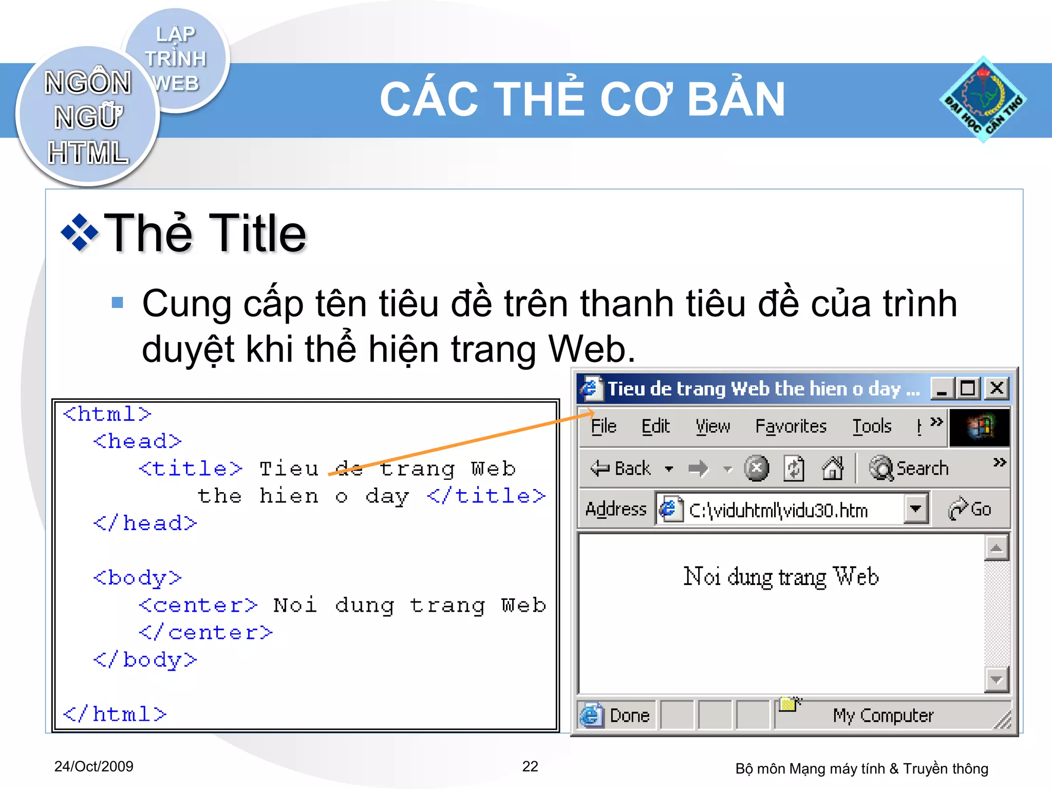 CÁC THẺ CƠ BẢN

Thẻ Title
        Cung cấp tên tiêu đề trên thanh tiêu đề của trình
         duyệt khi thể hiện trang Web.




24/Oct/2009                    22           Bộ môn Mạng máy tính & Truyền thông
 