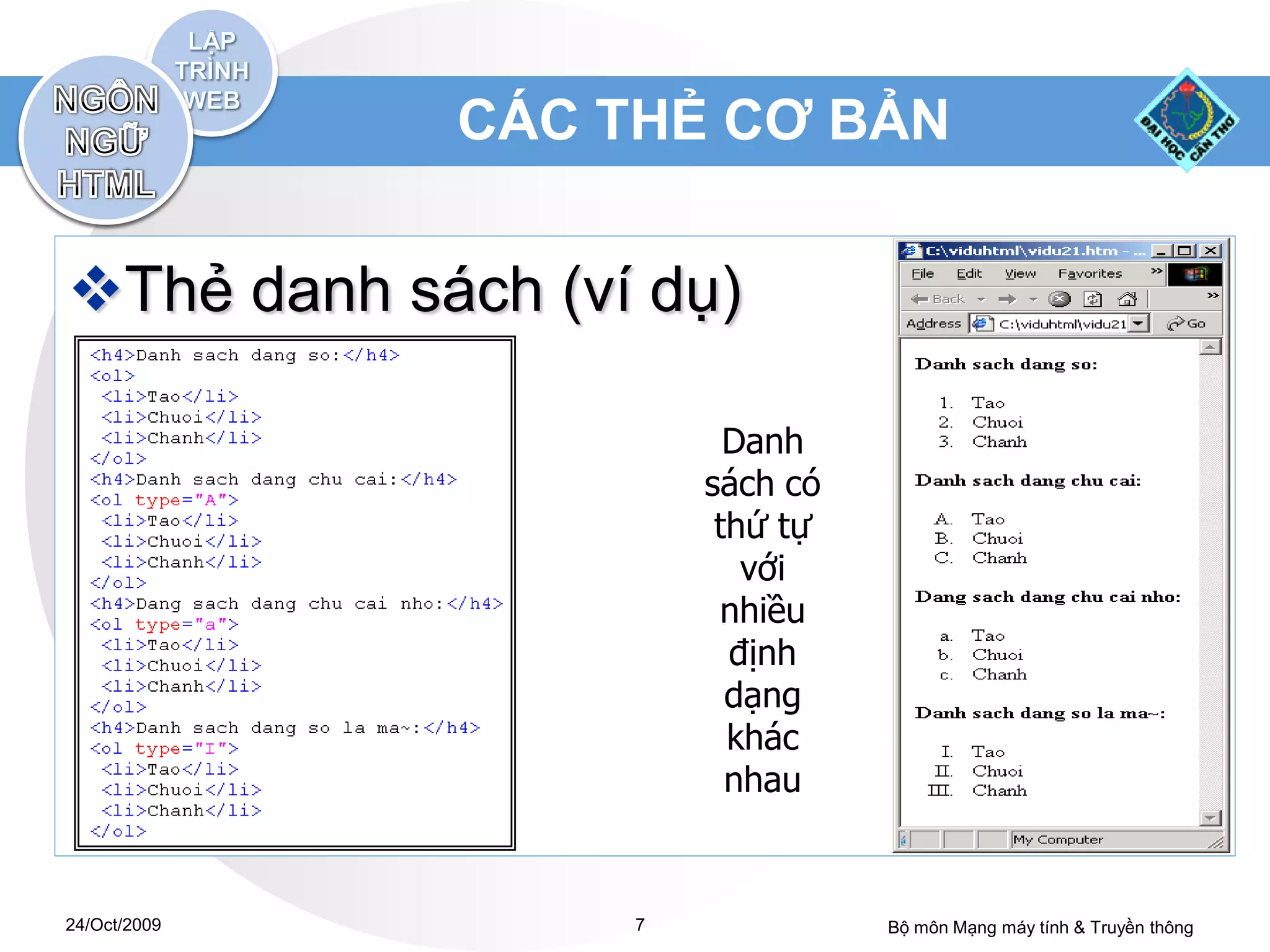 CÁC THẺ CƠ BẢN


Thẻ danh sách (ví dụ)

                         Danh
                       sách có
                        thứ tự
                          với
                        nhiều
                         định
                         dạng
                         khác
                         nhau


24/Oct/2009        7             Bộ môn Mạng máy tính & Truyền thông
 
