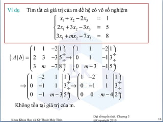 Đại số tuyến tính. Chương 3
@Copyright 2010Khoa Khoa Học và Kỹ Thuật Máy Tính. 16
Tìm tất cả giá trị của m để hệ có vô số nghiệmVí dụ
1 2 3
1 2 3
1 2 3
2 1
2 3 3 5
3 7 8
x x x
x x x
x mx x
+ − =

+ − =
 + − =
( )
1 1 2 1 1 1 2 1
| 2 3 3 5 0 1 1 3
3 7 8 0 3 1 5
A b
m m
   − −
 ÷  ÷
= − → − ÷  ÷
 ÷  ÷− − −   
1 2 1 1 1 2 1 1
0 1 1 3 0 1 1 3
0 1 3 5 0 0 4 2m m
   − −
 ÷  ÷
→ − → − ÷  ÷
 ÷  ÷− − −   
Không tồn tại giá trị của m.
 