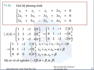 Đại số tuyến tính. Chương 3
@Copyright 2010Khoa Khoa Học và Kỹ Thuật Máy Tính. 22
Giải hệ phương trìnhVí dụ
1 2 3 4
1 2 3 4
1 2 3 4
2 0
2 3 3 3 0
3 5 5 4 0
x x x x
x x x x
x x x x
+ − + =

+ − + =
 + − + =
( )
1 1 1 2 0
| 2 3 3 3 0
3 5 5 4 0
A b
 −
 ÷
= − ÷
 ÷− 
1 1 1 2 0
0 1 1 1 0
0 2 2 2 0
 −
 ÷
→ − − ÷
 ÷− − 
1 1 1 2 0
0 1 1 1 0
0 0 0 0 0
 −
 ÷
→ − − ÷
 ÷
  3 4,x xα β= =
2 3 4x x x α β= + = +
1 2 3 42 3x x x x β= − + − = −
Hệ có vô số nghiệm ( )3 , , ,β α β α β− +
 