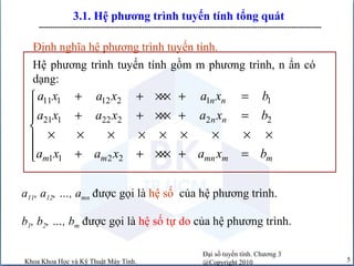 Đại số tuyến tính. Chương 3
@Copyright 2010Khoa Khoa Học và Kỹ Thuật Máy Tính. 5
3.1. Hệ phương trình tuyến tính tổng quát
---------------------------------------------------------------------------------------------------------------------------
a11, a12, …, amn được gọi là hệ số của hệ phương trình.
11 1 12 2 1 1
21 1 22 2 2 2
1 1 2 2
n n
n n
m m mn m m
a x a x a x b
a x a x a x b
a x a x a x b
+ + ××× + =
 + + ××× + =

× × × × × × × × ×
 + + ××× + =
Hệ phương trình tuyến tính gồm m phương trình, n ẩn có
dạng:
Định nghĩa hệ phương trình tuyến tính.
b1, b2, …, bm được gọi là hệ số tự do của hệ phương trình.
 