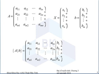 Đại số tuyến tính. Chương 3
@Copyright 2010Khoa Khoa Học và Kỹ Thuật Máy Tính. 6
11 12 1
21 22 2
1 2
n
n
m m mn
a a a
a a a
A
a a a
 
 ÷
 ÷=
 ÷
 ÷
 
L
L
M M M M
L
1
2
n
x
x
X
x
 
 ÷
 ÷=
 ÷
 ÷
 
M
1
2
m
b
b
b
b
 
 ÷
 ÷=
 ÷
 ÷
 
M
( )
11 12 1 1
21 22 2 2
1 2
|
n
n
m m mn m
a a a b
a a a b
A b
a a a b
 
 ÷
 ÷=
 ÷
 ÷
 
L
L
M M M M M
L
 