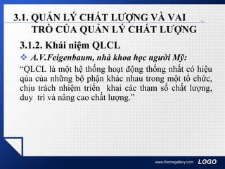 LOGOwww.themegallery.com
3.1. QUẢN LÝ CHẤT LƯỢNG VÀ VAI
TRÒ CỦA QUẢN LÝ CHẤT LƯỢNG
3.1.2. Khái niệm QLCL
 A.V.Feigenbaum, nhà khoa học người Mỹ:
“QLCL là một hệ thống hoạt động thống nhất có hiệu
qủa của những bộ phận khác nhau trong một tổ chức,
chịu trách nhiệm triển khai các tham số chất lượng,
duy trì và nâng cao chất lượng.”
 