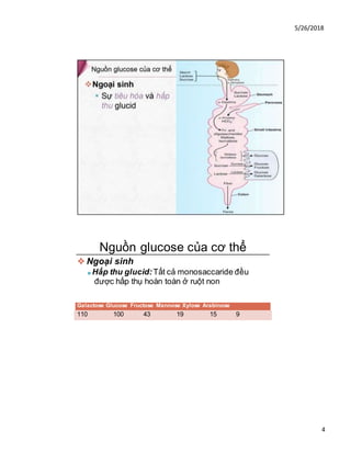 5/26/2018
4
Nguồn glucose của cơ thể
❖ Ngoại sinh
■ Hấp thu glucid: Tất cả monosaccaride đều
được hấp thụ hoàn toàn ở ruột non
Galactose Glucose Fructose Mannose Xylose Arabinose
110 100 43 19 15 9
 