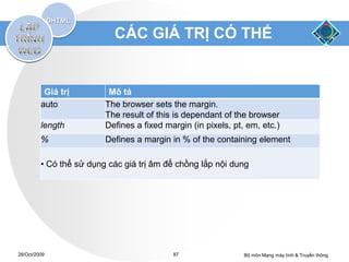CÁC GIÁ TRỊ CÓ THỂ


          Giá trị         Mô tả
         auto            The browser sets the margin.
                         The result of this is dependant of the browser
         length          Defines a fixed margin (in pixels, pt, em, etc.)
         %               Defines a margin in % of the containing element

         • Có thể sử dụng các giá trị âm để chồng lắp nội dung




28/Oct/2009                                87                  Bộ môn Mạng máy tính & Truyền thông
 