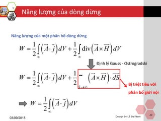    1 1
2 2 S
A j d H dW V A S
 
    ˜
Design by Lê Đại Nam
Năng lượng của dòng dừng
03/09/2018
20
Năng lượng của một phân bố dòng dừng
Bị triệt tiêu với
phân bố giới nội
 1
2
jW A dV

 
Định lý Gauss - Ostrogradski
   1 1
2 2
divW dA j dV H VA
 
  
 