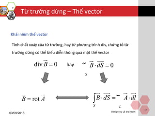 Design by Lê Đại Nam
Từ trường dừng – Thế vector
03/09/2018
7
Khái niệm thế vector
Tính chất xoáy của từ trường, hay từ phương trình div, chứng tỏ từ
trường dừng có thể biểu diễn thông qua một thế vector
div 0B  0
S
B dS ˜hay
rotB A
S L
B dS A dl   ˜
 