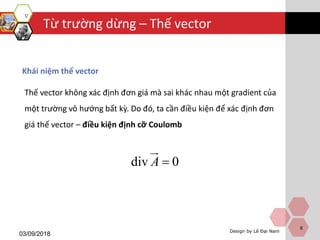 Design by Lê Đại Nam
Từ trường dừng – Thế vector
03/09/2018
8
Khái niệm thế vector
Thế vector không xác định đơn giá mà sai khác nhau một gradient của
một trường vô hướng bất kỳ. Do đó, ta cần điều kiện để xác định đơn
giá thế vector – điều kiện định cỡ Coulomb
div 0A 
 