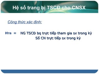 Hệ số trang bị TSCĐ cho CNSX
Công thức xác định:
HTB = NG TSCĐ bq trực tiếp tham gia sx trong kỳNG TSCĐ bq trực tiếp tham gia sx trong kỳ
Số CN trực tiếp sx trong kỳSố CN trực tiếp sx trong kỳ
 