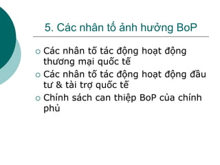 5. Các nhân tố ảnh hưởng BoP
 Các nhân tố tác động hoạt động
thương mại quốc tế
 Các nhân tố tác động hoạt động đầu
tư & tài trợ quốc tế
 Chính sách can thiệp BoP của chính
phủ
 