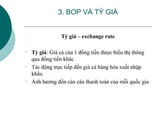 3. BOP VÀ TỶ GIÁ
Tỷ giá – exchange rate
‾ Tỷ giá: Giá cả của 1 đồng tiền được biểu thị thông
qua đồng tiền khác
‾ Tác động trực tiếp đến giá cả hàng hóa xuất nhập
khẩu
‾ Ảnh hưởng đến cán cân thanh toán của mỗi quốc gia
 