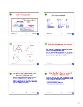 10
29/09/2011 11:21 SA Nguyễn Hữu Trí55
Ảnh hưởng của pH
29/09/2011 11:21 SA Nguyễn Hữu Trí56
Enzyme Nguoàn goác pHop
Pepsin Dòch vò 1,8
Trypsin Dòch tuïy 8
Chymotrypsin Dòch tuïy 8,1- 8,6
Amylase Nöôùc boït, dòch tuïy 7,0
Lipase Dòch tuïy 7,0 – 7,5
Phosphatase acid Tuyeán tieàn lieät 5,0 – 5,6
Phosphatase kieàm Xöông, gan 8,6 – 9,1
Ảnh hưởng của pH
29/09/2011 11:21 SA Nguyễn Hữu Trí57 29/09/2011 11:21 SA Nguyễn Hữu Trí58
Chất kìm hãm và họat hóa enzyme
Chất hoạt hoá: là chất làm tăng hoạt tính của enzyme,
chúng có bản chất hoá học khác nhau.
Chất kìm hãm: Là chất làm giảm hoạt tính của enzyme
do làm giảm ái lực của enzyme với cơ chất hoặc làm
enzyme mất khả năng kết hợp với cơ chất.
29/09/2011 11:21 SA Nguyễn Hữu Trí59
Các yếu tố ảnh hưởng hoạt tính
enzyme- Chất hoạt hóa
• Giúp tăng hoạt tính enzyme ở nồng độ nhất định.
• Tác dụng ức chế khi vượt quá nồng độ này.
• Giúp phá vỡ một số liên kết trong phân tử tiền
enzyme hoặc phục hồi các nhóm chức năng trong
trung tâm hoạt đông của enzyme.
29/09/2011 11:21 SA Nguyễn Hữu Trí60
Các yếu tố ảnh hưởng hoạt tính
enzyme – chất kìm hãm
• Chất kìm hãm làm giảm hoạt tính enzyme nhưng
không bị thay đổi bởi enzyme. Cơ chế kìm hãm có thể
thuận nghịch hoặc không thuận nghịch.
– Chất kìm hãm cạnh tranh
– Chất kìm hãm không cạnh tranh
– Kìm hãm bởi sản phẩm phản ứng
 