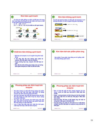 11
29/09/2011 11:21 SA Nguyễn Hữu Trí61
Có cấu trúc gần giống cơ chất, nó kết hợp với trung
tâm hoạt động của Enzyme do đó chiếm chỗ của cơ chất
và làm giảm hoạt tính Enzyme (H):
E + S  ES  E + P
E + I  EI + S  EI + S (I là chất ức chế cạnh tranh).
Kìm hãm cạnh tranh
29/09/2011 11:21 SA Nguyễn Hữu Trí62
Có cấu tạo hoá học khác cơ chất, gắn với enzyme ở vị trí
không nhất định, có thể ở ngoài trung tâm hoạt động
Kìm hãm không cạnh tranh
29/09/2011 11:21 SA Nguyễn Hữu Trí63
Chất kìm hãm không cạnh tranh
• Kết hợp với enzyme ở vị trí ngoài trung tâm hoạt
động
 làm thay đội cấu trúc không gian phân tử
enzyme, dẫn đến giảm hoạt tính enzyme.
• Trong trường hợp này, enzyme vẫn kết hợp cơ
chất.
• Mức độ kìm hãm không phụ thuộc vào sự tương
quan giữa nồng độ cơ chất và chất kìm hãm.
29/09/2011 11:21 SA Nguyễn Hữu Trí64
Kìm hãm bởi sản phẩm phản ứng
Sản phẩm P sau phản ứng đóng vai trò giống chất
kìm hãm không cạnh tranh.
29/09/2011 11:21 SA Nguyễn Hữu Trí65
Phương pháp xác định hoạt tính
enzyme
• Xác định lượng cơ chất mất đi hay lượng sản phẩm
tạo thành sau một thời gian nhất định và lượng
enzyme xác định (phương pháp phổ biến)
• Xác định thời gian cần thiết để enzyme khảo sát biến
đổi một lượng cơ chất mất đi hay thu được lượng
sản phẩm nhất định.
• Xác định nồng độ enzyme cần thiết trong một thời
gian nhất định có thể tạo thành sản phẩm hoặc biến
đổi một lương cơ chất nhất định.
• Lưu ý: Đảm bảo điều kiện pH, nhiệt độ, thời gian,
chất hoạt hóa hoặc chất làm bền enzyme.
29/09/2011 11:21 SA Nguyễn Hữu Trí66
Phương pháp xác định hoạt tính
enzyme
• Đơn vị hoạt độ quốc tế (UI): lượng enzyme xúc tác
được 1mol cơ chất sau một phút ở điều kiện tiêu
chuẩn
• Katal: Lương enzyme có khả năng xúc tác lám chuyển
hóa được một mol cơ chất sau một giây ở điều kiện
tiêu chuẩn.
• Hoạt độ riêng: Số đơn vị WI (katal) ứng với một ml
dung dịch hoặc gram chế phẩm khô.
• Hoạt độ riêng của phân tử: Số phân tử cơ chất được
chuyển hóa bởi một phân tử enzyme trong một đơn vị
thời gian.
 