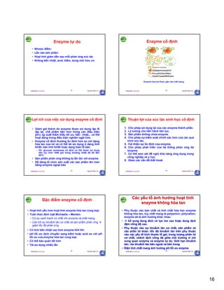 16
29/09/2011 11:21 SA Nguyễn Hữu Trí91
Enzyme tự do
• Nhược điểm:
• Lẫn vào sản phẩm
• Hoạt tính giảm dần sau mỗi phản ứng xúc tác
• Không bền nhiệt, acid, kiềm, dung môi hữu cơ.
29/09/2011 11:21 SA Nguyễn Hữu Trí92
Enzyme cố định
Enzyme hòa tan được gắn vào chất mang.
29/09/2011 11:21 SA Nguyễn Hữu Trí93
Lợi ích của việc sử dụng enzyme cố định
• Giảm giá thành do enzyme được sử dụng lặp đi
lặp lại, chế phẩm bền hơn trong các điều kiện
pH,t, áp suất thẩm thấu tối ưu, bền nhiệt,.. có thể
hoạt động trong điều kiện nghiên ngặt hơn.
• Enzyme cố định thường ổn định hơn so với dạng
hòa tan của nó và có thể tái sử dụng ở dạng tinh
khiết, bán tinh khiết hoặc dạng toàn tế bào.
– Vd: glucose isomerase cố định có thể được sử dụng
liên tục hơn 1000 giờ trong khoảng nhiệt độ 60 đến
65oC.
• Sản phẩm phản ứng không bị lẫn lộn với enzyme
• Dễ dàng tổ chức sản xuất các sản phẩm lên men
bằng enzyme ngoại bào
29/09/2011 11:21 SA Nguyễn Hữu Trí94
Thuận lợi của xúc tác sinh học cố định
1. Cho phép sử dụng lại của các enzyme thành phần.
2. Lý tưởng cho tiến hành liên tục.
3. Sản phẩm không chứa enzyme.
4. Cho phép sự kiểm soát chính xác hơn của các quá
trình xúc tác.
5. Cải thiện sự ổn định của enzyme.
6. Cho phép phát triển của hệ thống phản ứng đa
enzyme.
7. Có thể xem xét đề nghị khả năng ứng dụng trong
công nghiệp và y học.
8. Giảm các vấn đề thất thoát
29/09/2011 11:21 SA Nguyễn Hữu Trí95
Đặc điểm enzyme cố định
• Hoạt tính yếu hơn hoạt tính enzyme hòa tan cùng loại.
• Tuân theo định luật Michaelis – Menten:
– Có sự cạnh tranh cơ chất với enzyme và chất mang.
– Cản trở sự khuếch tán cơ chất và sản phẩm phản ứng 
giảm tốc độ phản ứng
• Có tính bền nhiệt cao hơn enzyme hòa tan.
• pH tối ưu dịch chuyển sang kiềm hoặc acid so với pH
tối ưu của enzyme hòa tan cùng loại.
• Có thể bảo quản tốt hơn
• Tái sử dụng nhiều lần
29/09/2011 11:21 SA Nguyễn Hữu Trí96
• Phụ thuộc vào bản chất và tính chất hóa học enzyme
không hòa tan, tùy chất mang là polyanion; polycation,
enzyme sẽ bị ảnh hưởng khác nhau.
•  bổ sung dung dich có lực ion cao hoặc dung dịch
đệm nồng độ cao.
• Phụ thuộc vào sự khuếch tán cơ chất, sản phẩm và
các phần tử khác: tốc độ khuếch tán trên phụ thuộc
vào các yếu tố kích thước lỗ gel, trong lượng phân tử
cơ chất, chênh lệch nồng độ giữa môi trường vi mô
xung quan enzyme và enzyme tự do. Giới hạn khuếch
tán: rào khuếch tán bên ngoài và bên trong
• Điện tích chất mang ảnh hưởng pH tối ưu enzyme
Các yếu tố ảnh hưởng hoạt tính
enzyme không hòa tan
 