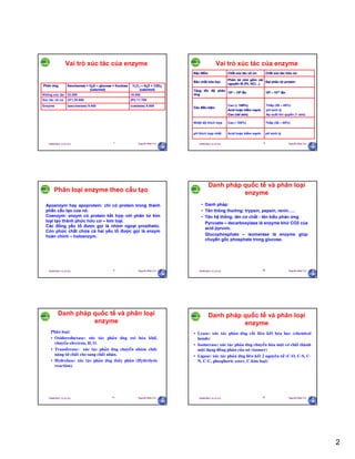 2
29/09/2011 11:21 SA Nguyễn Hữu Trí7
(catalase) 5.500(saccharase) 9.400Enzyme
(Pt) 11.700(H+) 25.000Xúc tác vô cơ
18.00032.000Không xúc tác
H2O2 H2O + 1/2O2
(calo/mol)
Saccharose + H2O glucose + fructose
(calo/mol)
Phản ứng
Vai trò xúc tác của enzyme
29/09/2011 11:21 SA Nguyễn Hữu Trí8
pH sinh lýAcid hoặc kiềm mạnhpH thích hợp nhất
Thấp (36 – 450c)Cao ( 1000c)Nhiệt độ thích hợp
Thấp (36 – 450c)
pH sinh lý
Ap suất khí quyển (1 atm)
Cao ( 1000c)
Acid hoặc kiềm mạnh
Cao (vài atm)
Các điều kiện:
106 – 1011 lần102 – 106 lần
Tăng tốc độ phản
ứng
Đại phân tử protein
Phân tử nhỏ gồm vài
nguyên tố (Pt, HCl…)
Bản chất hóa học
Chất xúc tác hữu cơChất xúc tác vô cơĐặc điểm
Vai trò xúc tác của enzyme
29/09/2011 11:21 SA Nguyễn Hữu Trí9
Phân loại enzyme theo cấu tạo
Apoenzym hay apoprotein: chỉ có protein trong thành
phần cấu tạo của nó.
Coenzym: enzym có protein kết hợp với phân tử kim
loại tạo thành phức hữu cơ – kim loại.
Các đồng yếu tố được gọi là nhóm ngoại prosthetic.
Còn phức chất chứa cả hai yếu tố được gọi là enzym
hoàn chỉnh – holoenzym.
29/09/2011 11:21 SA Nguyễn Hữu Trí10
Danh pháp quốc tế và phân loại
enzyme
• Danh pháp:
• Tên thông thường: trypsin, pepsin, renin…..
• Tên hệ thống: tên cơ chất - tên kiểu phản ứng
Pyruvate – decarboxylase là enzyme khử CO2 của
acid pyruvic.
Glucophosphate – isomerase là enzyme giúp
chuyển gốc phosphate trong glucose.
29/09/2011 11:21 SA Nguyễn Hữu Trí11
Danh pháp quốc tế và phân loại
enzyme
Phaân loaïi:
• Oxidoreductase: xuùc taùc phaûn öùng oxi hoùa khöû,
chuyeån electron, H, O.
• Transferase: xuùc taùc phaûn öùng chuyeån nhoùm chöùc
naêng töø chaát cho sang chaát nhaän.
• Hydrolase: xuùc taùc phaûn öùng thuûy phaân (Hydrolysis
reaction).
29/09/2011 11:21 SA Nguyễn Hữu Trí12
Danh pháp quốc tế và phân loại
enzyme
• Lyase: xuùc taùc phaûn öùng caét lieân keát hoùa hoïc (chemical
bonds)
• Isomerase: xuùc taùc phaûn öùng chuyeån hoùa moät cô chaát thaønh
moät daïng ñoàng phaân cuûa noù (isomer)
• Ligase: xuùc taùc phaûn öùng lieân keát 2 nguyeân töû (C-O, C-S, C-
N, C-C, phosphoric ester, C-kim loaïi)
 