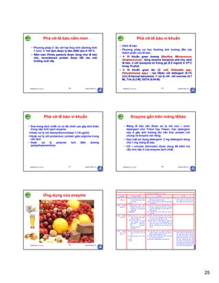 25
29/09/2011 11:21 SA Nguyễn Hữu Trí145
Phá vỡ tế bào nấm men
• Phương pháp 2: lắc với hạt thủy tinh (đường kính
1 mm)  1ml dịch được ly tâm 2500 rpm ở 100 C.
• Nấm men Pichia pastoris được dùng như tế bào
chủ, recombinant protein được tiết vào môi
trường nuôi cấy.
29/09/2011 11:21 SA Nguyễn Hữu Trí146
Phá vỡ tế bào vi khuẩn
• Vách tế bào
• Phương pháp cơ học thường ảnh hưởng đến các
thành phần của tế bào.
•  Vi khuẩn gram dương (Bacillus, Micrococcus,
Streptococcus) : dùng enzyme lysozyme phá hủy vách
tế bào, ủ với lysozyme từ trứng gà (0.2 mg/ml) ở 370 C
trong 15 phút.
•  Vi khuẩn gram âm (E. coli, Klebsiella spp.,
Pseudomonas spp.) : rửa tếbào với detergent (0.1%
(v/v) N-lauroyl-sarcosine)  xử lý với với sucrose (0.7
M), Tris (0.2 M), EDTA (0.04 M)
29/09/2011 11:21 SA Nguyễn Hữu Trí147
Phá vỡ tế bào vi khuẩn
• Dna trong dịch chiết có có độ nhớt cao gây khó khăn
trong việc tinh sạch enzyme
Hoặc xử lý với deoxyribonuclease 1 (10 μg/ml)
Hoặc xử lý với protamine ( protein giàu arginine trong
cấu tạo)
• Hoặc xử lý polymer tích điện dương
(polyethyleneimine)
29/09/2011 11:21 SA Nguyễn Hữu Trí148
Enzyme gắn trên màng tếbào
• Màng tế bào cần được xử lý với non – ionic
detergent như Triton hay Tween. Các detergent
này ít gây ảnh hương lên cấu trúc protein nói
chung và enzyme nói riêng.
• Quy luật sử dụng detergent: 2 mg detergent dùng
cho 1 mg màng tế bào.
• CD – circular dichroism được dùng để kiểm tra
cấu trúc bậc 2 của enzyme tách chiết.
29/09/2011 11:21 SA Nguyễn Hữu Trí149
Ứng dụng của enzyme
29/09/2011 11:21 SA Nguyễn Hữu Trí150
Các ứng dụng công nghiệp của enzymes
Ứng dụng Enzyme sử dụng Sử dụng Vấn đề
Chất tẩy rửa
sinh học
- Đầu tiên là các protease, được
sản xuất ở dạng ngoại bào
từ vi khuẩn.
- Amylase
- sử dụng cho các điều kiện trước khi ngâm và
các ứng dụng lỏng trực tiếp.
- chất tẩy rửa cho máy rửa chén để loại kháng
cặn tinh bột
- phản ứng dị ứng của công nhân chế
biến; ngày nay đã vượt qua
được bằng các công nghệ chứa.
Công nghiệp
bánh kẹo
- Alpha-amylase nấm; bình
thường bị bất hoạt ở 50oC,
bị phá hủy trong quá trình
nung nóng.
- Proteinase
- xúc tác cắt tinh bột từ bột thành đường, có
thể được sử dụng bởi nấm men. Sử dụng
trong sản xuất bánh mỳ trắng, bánh bao,
bánh mỳ nhỏ.
- sản xuất bánh quy để hạ thấp mức protein
trong bột.
Công nghiệp
rượu bia
-enzyme được tạo ra từ lúa
mạch suốt giai đoạn ngâm
trong sản xuất bia.
- các enzyme được sản xuất
công nghiệp: amylases,
glucanases, proteinase,
beta glucanase,
amyloglucosidase
proteinase.
- phân hủy tinh bột và protein để tạo đường
đơn, axit amin và peptide được sử dụng
bởi nấm men để thúc đẩy tạo cồn.
- ngày nay được sử dụng rộng rải trong sản
xuất rượu bia: cắt polysaccharide và
protein trong làm malt; cải thiện các đặc
tính lọc; bia thấp calo, loại vẩn đục trong
trữ bia.
Công nghiệp
chế biến
bơ sữa
- Rennin, từ dạ dày từ động vật
nhai lại non (bê, cừu, dê
con).
- các enzyme được tạo từ vi sinh
vật.
- Lipase.
- Lactase.
- sản xuất phô mai, sử dụng để phân cắt
protein. Ngày nay tìm thấy sự gia tăng sử
dụng trong công nghiệp bơ sữa.
- kích thích làm chin phô mai mốc xanh (phô
mai vân xanh, Roquefort)
- bẻ gãy lactose thành glucose và galactose.
- các động vật già không thể được sử
dụng vì khi gia tăng tuổi tác thì
sản xuất rennin giảm và được
thay thể bởi proteinase, pepsin,
không thích hợp cho sản xuất
phô mai. Những năm gần đây
sự gia tăng to lớn tiêu thụ phô
mai cùng với gia tăng sản xuất
thịt bò đã dẫn tới gia tăng thiếu
hụt rennin và gia tăng giá cả
 
