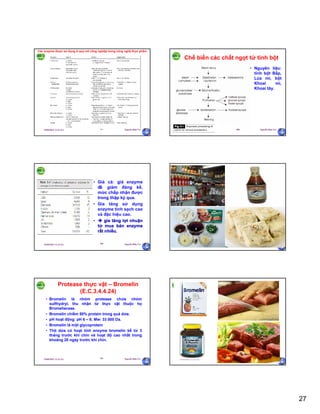 27
29/09/2011 11:21 SA Nguyễn Hữu Trí157
Các enzyme được sử dụng ở quy mô công nghiệp trong công nghệ thực phẩm
29/09/2011 11:21 SA Nguyễn Hữu Trí158
Chế biến các chất ngọt từ tinh bột
• Nguyên liệu:
tinh bột Bắp,
Lúa mì, bột
Khoai mì,
Khoai tây.
29/09/2011 11:21 SA Nguyễn Hữu Trí159
• Giá cả: giá enzyme
đã giảm đáng kể,
mức chấp nhận được
trong thập kỷ qua.
• Gia tăng sử dụng
enzyme tinh sạch cao
và đặc hiệu cao.
•  gia tăng lợi nhuận
từ mua bán enzyme
rất nhiều.
29/09/2011 11:21 SA Nguyễn Hữu Trí160
29/09/2011 11:21 SA Nguyễn Hữu Trí161
Protease thực vật – Bromelin
(E.C.3.4.4.24)
• Bromelin là nhóm protease chứa nhóm
sulfhydryl, thu nhận từ thực vật thuộc họ
Bromeliaceae.
• Bromelin chiếm 50% protein trong quả dứa.
• pH hoạt động: pH 6 – 8; Mw: 33 000 Da.
• Bromelin là một glycoprotein
• Thịt dứa có hoạt tính enzyme bromelin kể từ 3
tháng trước khi chín và hoạt độ cao nhất trong
khoảng 20 ngày trước khi chín.
29/09/2011 11:21 SA Nguyễn Hữu Trí162
 