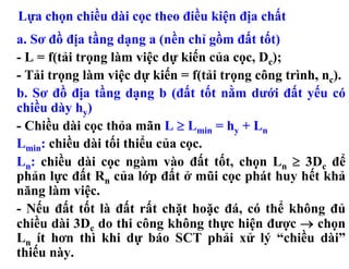 Lựa chọn chiều dài cọc theo điều kiện địa chất
a. Sơ đồ địa tầng dạng a (nền chỉ gồm đất tốt)
- L = f(tải trọng làm việc dự kiến của cọc, Dc);
- Tải trọng làm việc dự kiến = f(tải trọng công trình, nc).
b. Sơ đồ địa tầng dạng b (đất tốt nằm dưới đất yếu có
chiều dày hy)
- Chiều dài cọc thỏa mãn L ≥ Lmin = hy + Ln
Lmin: chiều dài tối thiểu của cọc.
Ln: chiều dài cọc ngàm vào đất tốt, chọn Ln ≥ 3Dc để
phản lực đất Rn của lớp đất ở mũi cọc phát huy hết khả
năng làm việc.
- Nếu đất tốt là đất rất chặt hoặc đá, có thể không đủ
chiều dài 3Dc do thi công không thực hiện được → chọn
Ln ít hơn thì khi dự báo SCT phải xử lý “chiều dài”
thiếu này.
 