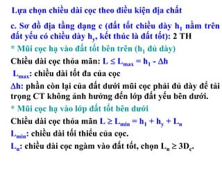 Lựa chọn chiều dài cọc theo điều kiện địa chất
c. Sơ đồ địa tầng dạng c (đất tốt chiều dày h1 nằm trên
đất yếu có chiều dày hy, kết thúc là đất tốt): 2 TH
* Mũi cọc hạ vào đất tốt bên trên (h1 đủ dày)
Chiều dài cọc thỏa mãn: L ≤ Lmax = h1 - Δh
 Lmax: chiều dài tốt đa của cọc
Δh: phần còn lại của đất dưới mũi cọc phải đủ dày để tải
trọng CT không ảnh hưởng đến lớp đất yếu bên dưới.
* Mũi cọc hạ vào lớp đất tốt bên dưới
Chiều dài cọc thỏa mãn L ≥ Lmin = h1 + hy + Ln
Lmin: chiều dài tối thiểu của cọc.
Ln: chiều dài cọc ngàm vào đất tốt, chọn Ln ≥ 3Dc.
 