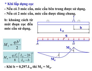 * Khi lắp dựng cọc
- Nếu có 3 móc cẩu, móc cẩu bên trong được sử dụng.
- Nếu có 2 móc cẩu, móc cẩu được dùng chung.
b: khoảng cách từ
mút đoạn cọc đến
móc cẩu sử dụng.                               b
                                   Lđ
                                        q
     q.b    2
M3 =
      2                                 M3
                       2
     q.L ⎡ Lđ − 2b ⎤
        2
M4 =    đ
         ⎢         ⎥          M4
      8 ⎣ Lđ − b ⎦
- Khi b = 0,297.Lđ thì M3 = M4.
 