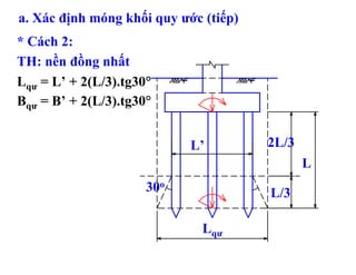 a. Xác định móng khối quy ước (tiếp)
* Cách 2:
TH: nền đồng nhất
Lqư = L’ + 2(L/3).tg30°
Bqư = B’ + 2(L/3).tg30°


                            L’         2L/3
                                              L
                      30o              L/3

                              Lqư
 