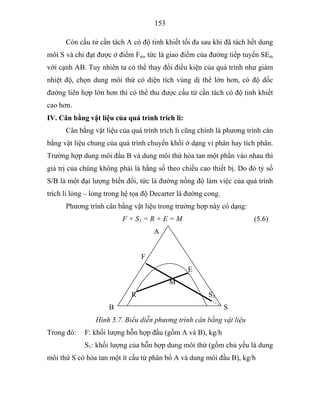 153
Còn cấu tử cần tách A có độ tinh khiết tối đa sau khi đã tách hết dung
môi S và chỉ đạt được ở điểm Fm, tức là giao điểm của đường tiếp tuyến SEm
với cạnh AB. Tuy nhiên ta có thể thay đổi điều kiện của quá trình như giảm
nhiệt độ, chọn dung môi thứ có diện tích vùng dị thể lớn hơn, có độ dốc
đường liên hợp lớn hơn thì có thể thu được cấu tử cần tách có độ tinh khiết
cao hơn.
IV. Cân bằng vật liệu của quá trình trích li:
Cân bằng vật liệu của quá trình trích li cũng chính là phương trình cân
bằng vật liệu chung của quá trình chuyển khối ở dạng vi phân hay tích phân.
Trường hợp dung môi đầu B và dung môi thứ hòa tan một phần vào nhau thì
giá trị của chúng không phải là hằng số theo chiều cao thiết bị. Do đó tỷ số
S/B là một đại lượng biến đổi, tức là đường nồng độ làm việc của quá trình
trích li lỏng – lỏng trong hệ tọa độ Decarter là đường cong.
Phương trình cân bằng vật liệu trong trường hợp này có dạng:
F + S1 = R + E = M (5.6)
A
F
E
M
R S1
B S
Hình 5.7. Biểu diễn phương trình cân bằng vật liệu
Trong đó: F: khối lượng hỗn hợp đầu (gồm A và B), kg/h
S1: khối lượng của hỗn hợp dung môi thứ (gồm chủ yếu là dung
môi thứ S có hòa tan một ít cấu tử phân bố A và dung môi đầu B), kg/h
 