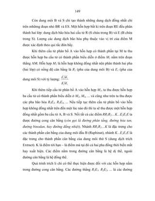 149
Còn dung môi B và S chỉ tạo thành những dung dịch đồng nhất chỉ
trên mhữmg đoạn nhỏ BR và ES. Một hỗn hợp bất kì trên đoạn RE đều phân
thành hai lớp: dung dịch bão hòa hai cấu tử R (S chứa trong B) và E (B chứa
trong S). Lượng các dung dịch bão hòa phụ thuộc vào vị trí của điểm M
được xác định theo qui tắc đòn bẩy.
Khi thêm cấu tử phân bố A vào hỗn hợp có thành phần tại M ta thu
được hỗn hợp ba cấu tử có thành phần biểu diễn ở điểm M1 nằm trên đoạn
thẳng AM. Hỗn hợp M1 là hỗn hợp không đồng nhất nên phân thành hai pha
(hai lớp) có nồng độ cân bằng là R1 (pha của dung môi B) và E1 (pha của
dung môi S) với tỷ lượng: ______
11
______
11
MR
ME
Khi thêm tiếp cấu tử phân bố A vào hỗn hợp M1, ta thu được hỗn hợp
ba cấu tử có thành phần biểu diễn ở M2, M3, ... và cũng như trên ta thu được
các pha bão hòa R2E2, R3E3, ... Nếu tiếp tục thêm cấu tử phân bố vào hỗn
hợp không đồng nhất trên đến một lúc nào đó thì ta sẽ thu được một hỗn hợp
đồng nhất gồm ba cấu tử A, B và S. Nối tất cả các điểm RR1R2....K...E2E1E ta
được đường cong cân bằng (còn gọi là đường phân tầng, đường hòa tan,
đường binodan, hay đường đẳng nhiệt). Nhánh RR1R2....K là đặc trưng cho
các thành phần cân bằng của dung môi đầu B (Raphinat), nhánh K...E2E1E là
đặc trưng cho thành phần cân bằng của dung môi thứ S (dung dịch trích
Extract). K là điểm tới hạn – là điểm mà tại đó cả hai pha đồng thời biến mất
hay xuất hiện. Các điểm nằm trong đường cân bằng là hệ dị thể, ngoài
đường cân bằng là hệ đồng thể.
Quá trình trích li chỉ có thể thực hiện được đối với các hỗn hợp nằm
trong đường cong cân bằng. Các đường thẳng R1E1, R2E2, ... là các đường
 
