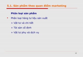 5.1. Sản phẩm theo quan điểm marketing
Phân loại sản phẩm
 Phân loại hàng tư liệu sản xuất
+ Vật tư và chi tiết
+ Tài sản cố định
+ Vật tư phụ và dịch vụ
12
 