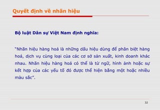 32
Bộ luật Dân sự Việt Nam định nghĩa:
“Nhãn hiệu hàng hoá là những dấu hiệu dùng để phân biệt hàng
hoá, dịch vụ cùng loại của các cơ sở sản xuất, kinh doanh khác
nhau. Nhãn hiệu hàng hoá có thể là từ ngữ, hình ảnh hoặc sự
kết hợp của các yếu tố đó được thể hiện bằng một hoặc nhiều
màu sắc”.
Quyết định về nhãn hiệu
 