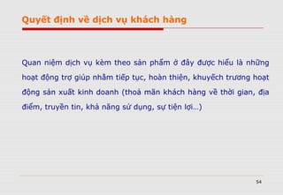 54
Quan niệm dịch vụ kèm theo sản phẩm ở đây được hiểu là những
hoạt động trợ giúp nhằm tiếp tục, hoàn thiện, khuyếch trương hoạt
động sản xuất kinh doanh (thoả mãn khách hàng về thời gian, địa
điểm, truyền tin, khả năng sử dụng, sự tiện lợi…)
Quyết định về dịch vụ khách hàng
 