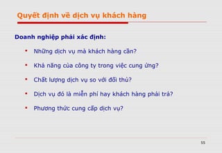 55
Doanh nghiệp phải xác định:
 Những dịch vụ mà khách hàng cần?
 Khả năng của công ty trong việc cung ứng?
 Chất lượng dịch vụ so với đối thủ?
 Dịch vụ đó là miễn phí hay khách hàng phải trả?
 Phương thức cung cấp dịch vụ?
Quyết định về dịch vụ khách hàng
 